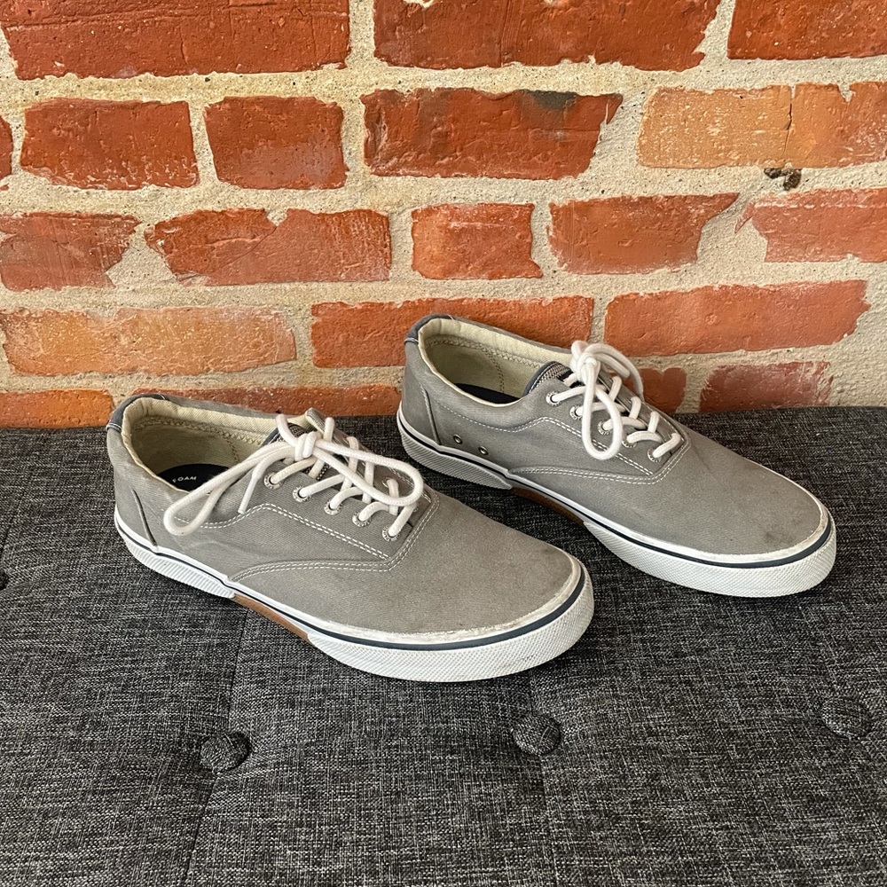 Sperry Gray Canvas Boat Shoes with White Laces